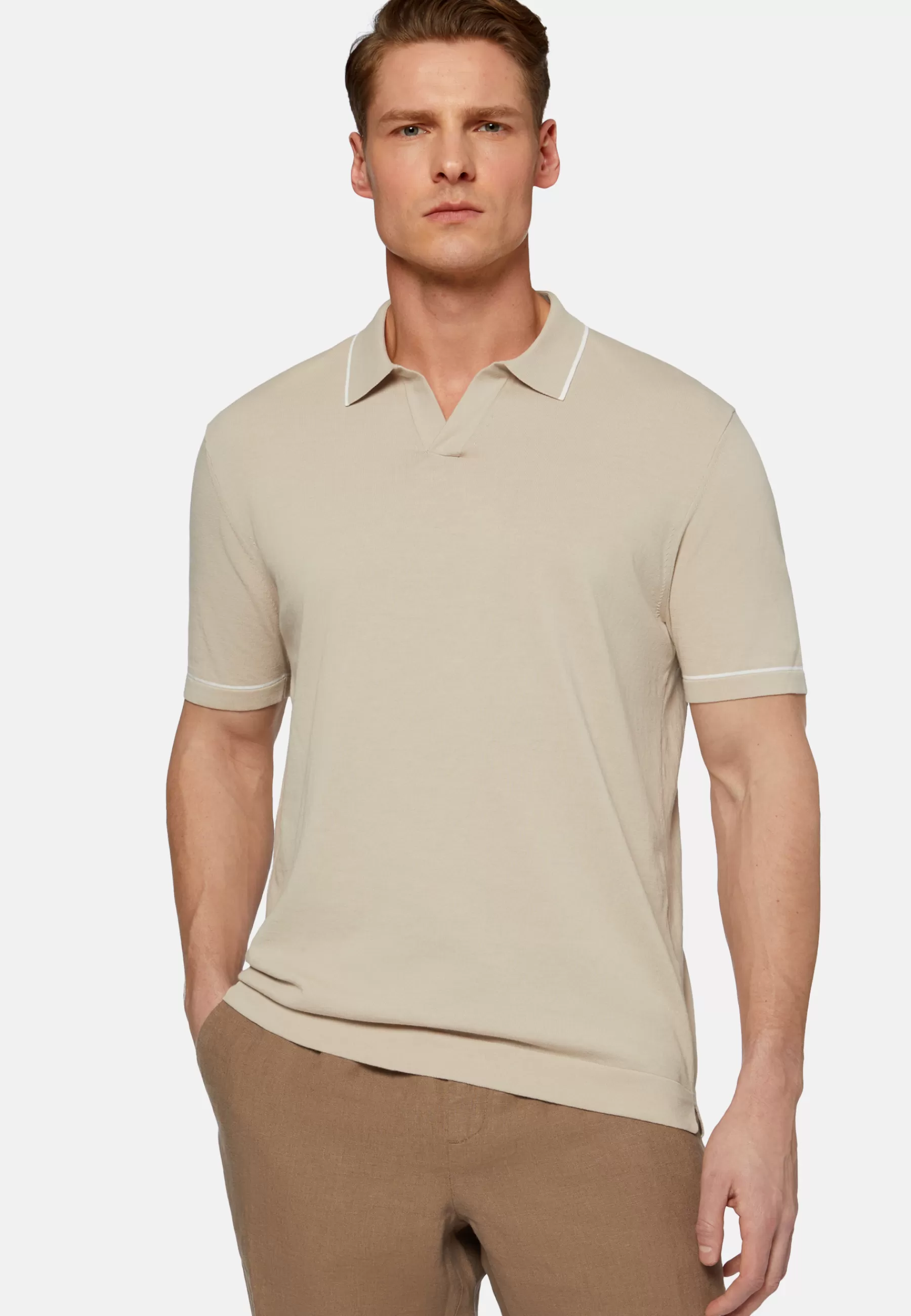 Polo | Knitwear^Boggi Milano Cotton Crepe Knit Polo Shirt Beige