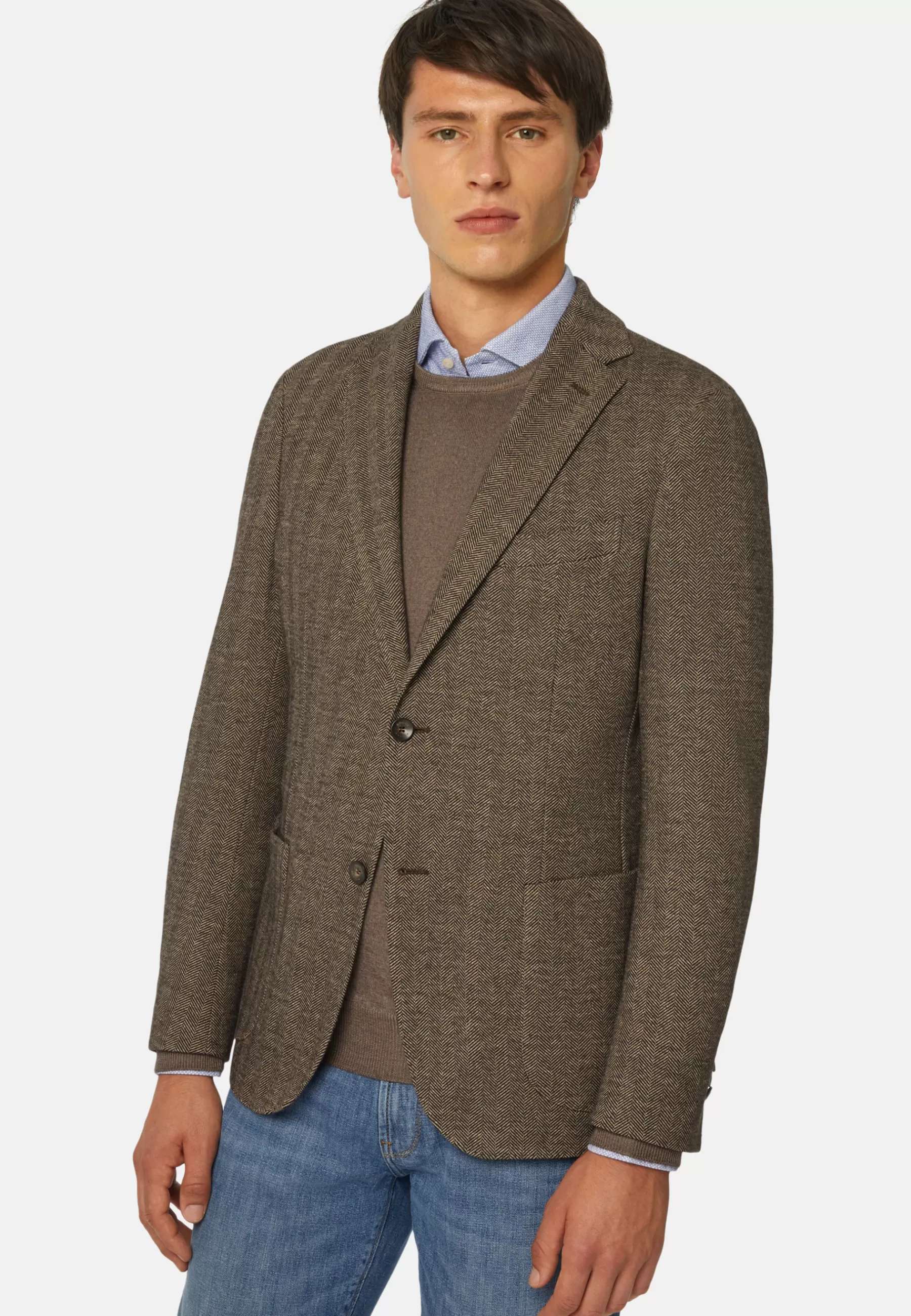 Blazers^Boggi Milano Herringbone Jacket In Wool And Cotton Beige