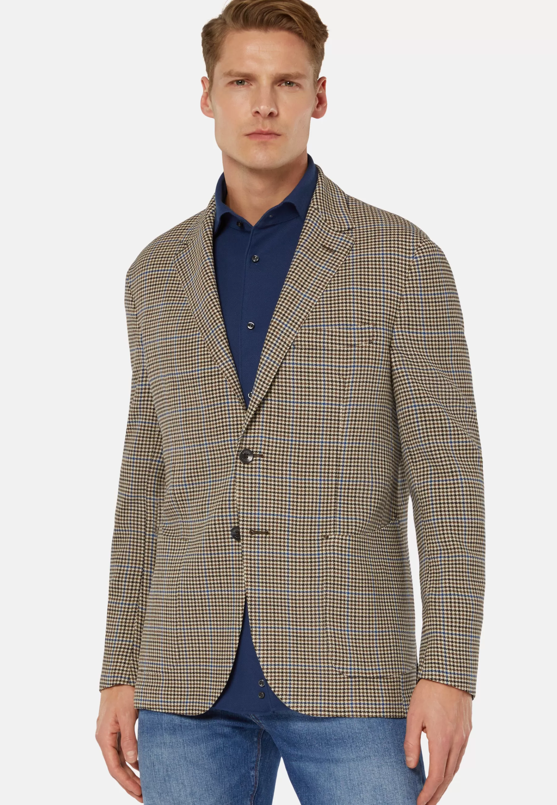 Blazers^Boggi Milano Houndstooth Jacket In Stretch Wool Beige