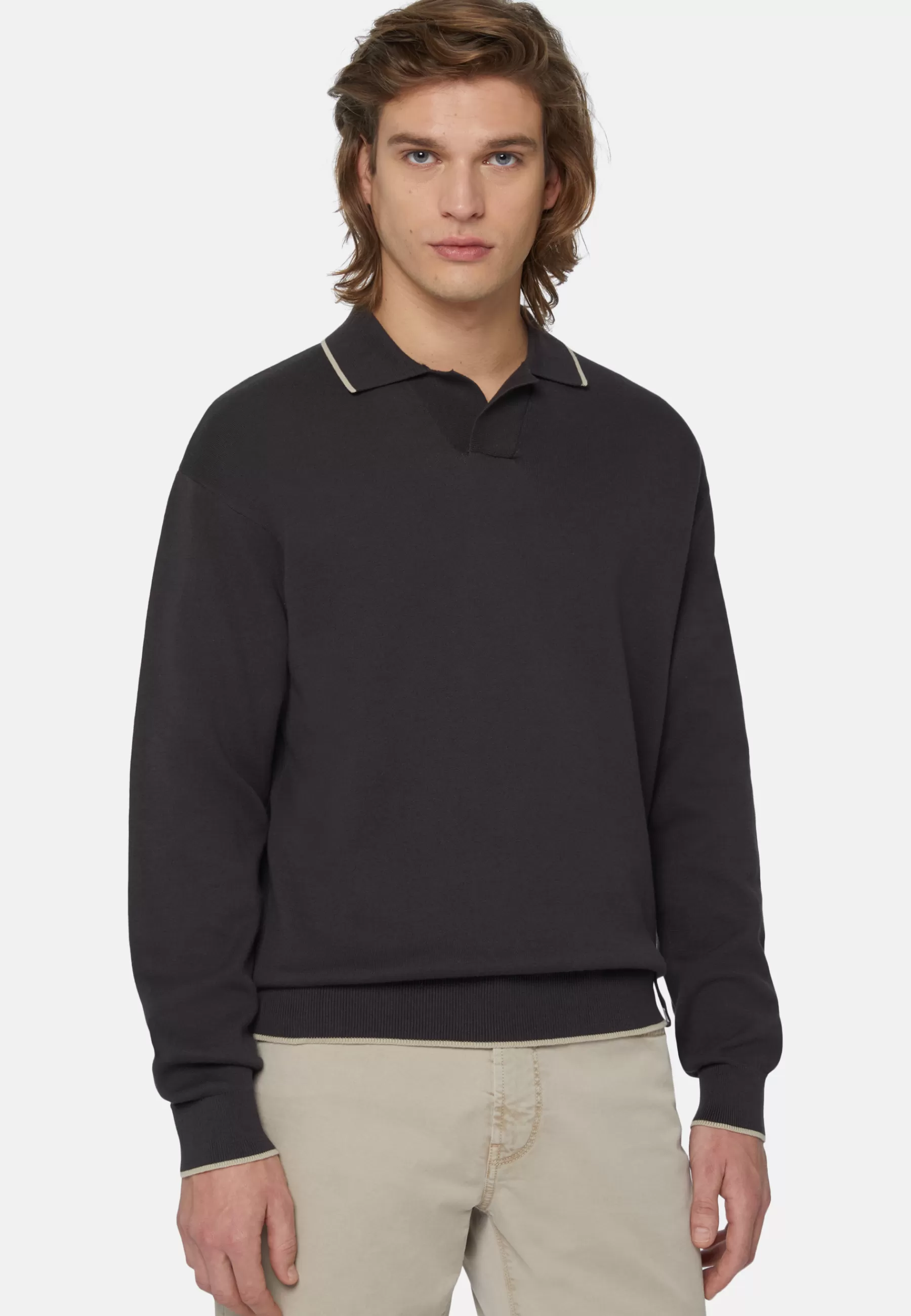 Polo | Knitwear^Boggi Milano Cotton Open Neck Polo Jumper Black