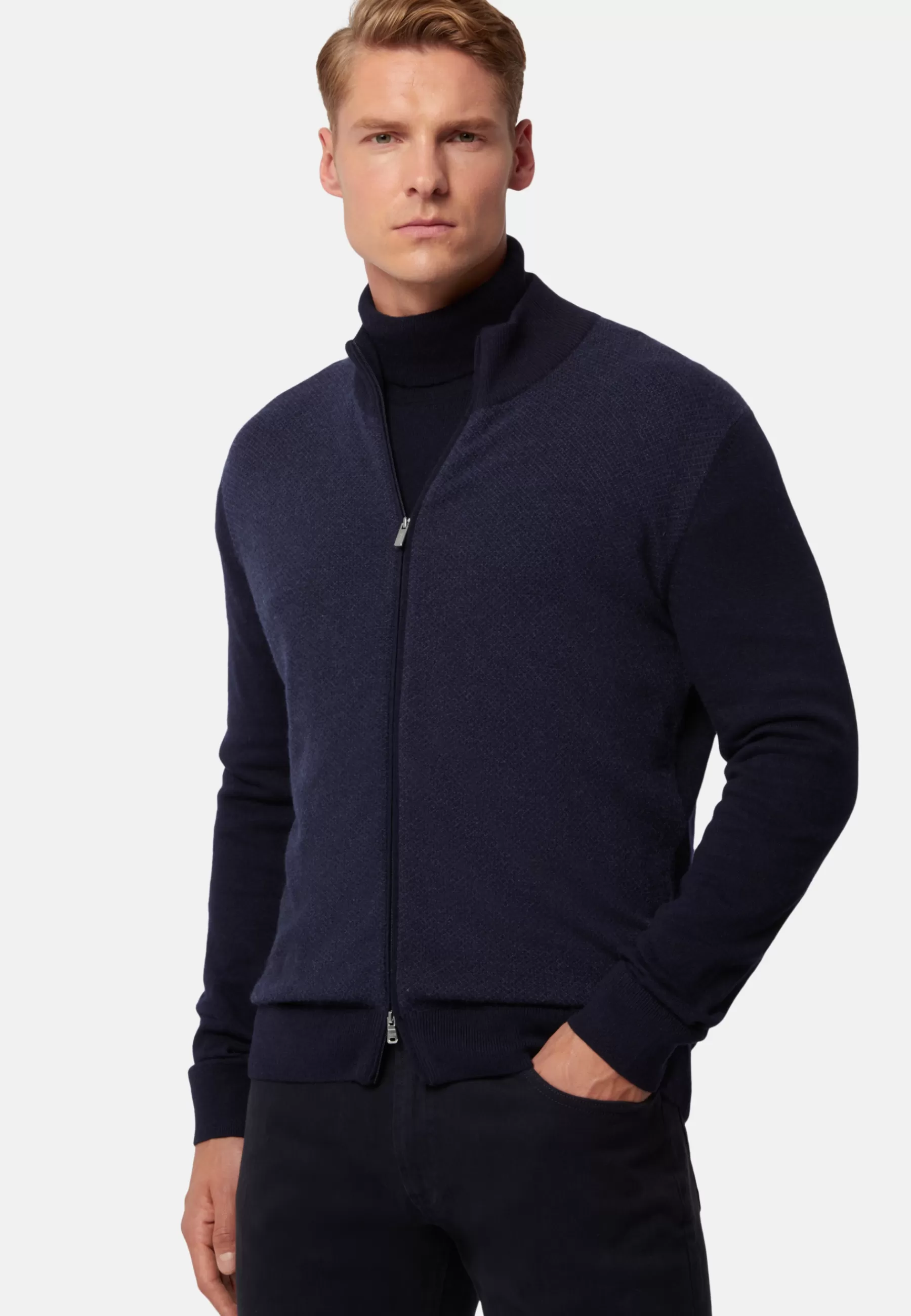 Knitwear^Boggi Milano Cashmere Blend Full Zip Sweater Navy blue