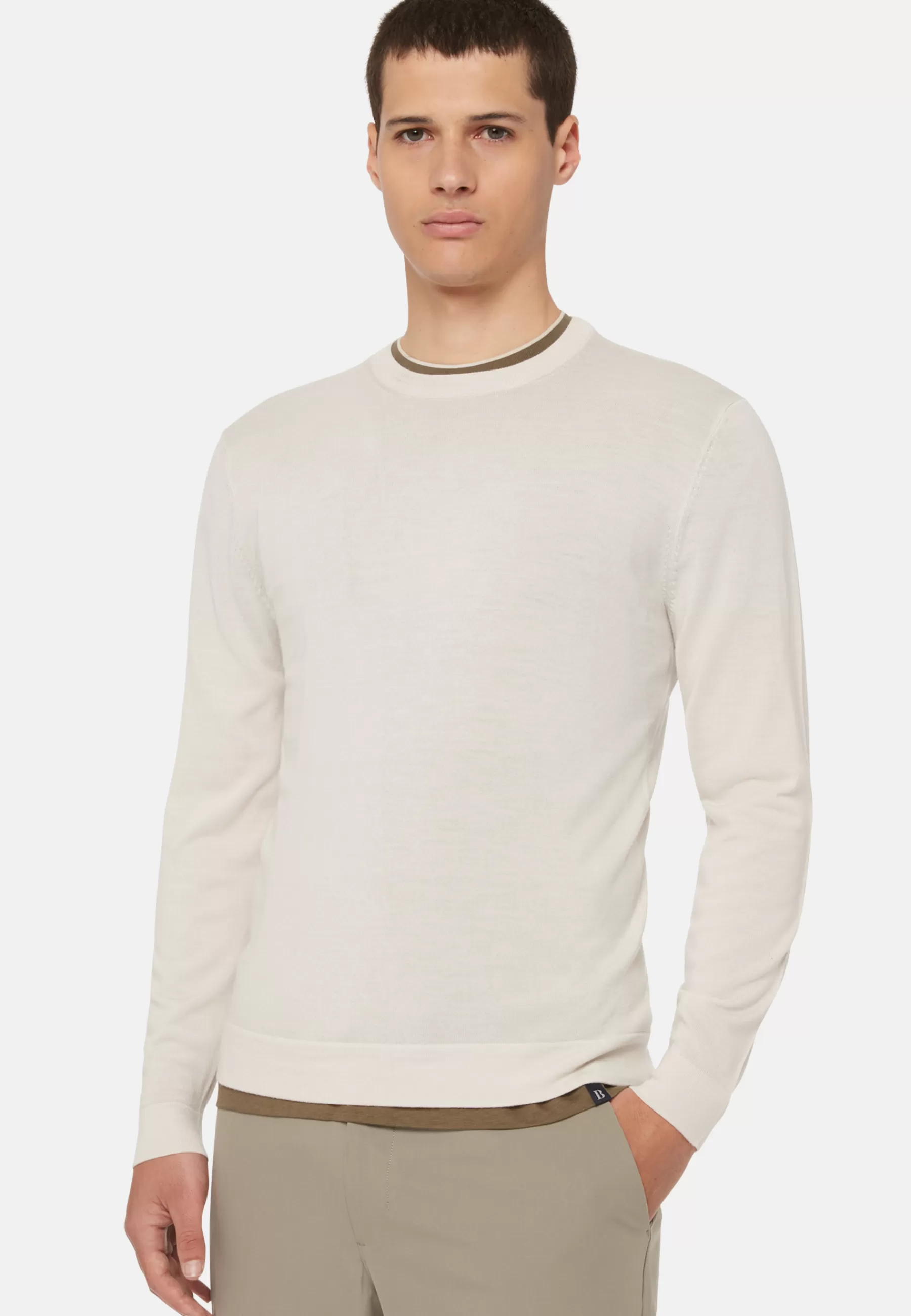 Knitwear^Boggi Milano Cream Crew Neck Jumper in Superfine Merino Wool Beige