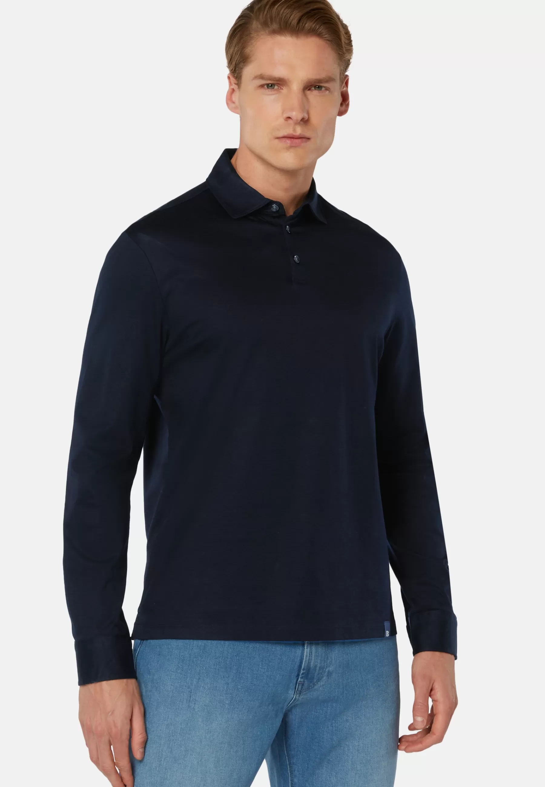 Polo Shirts and T-shirts | Must-Have^Boggi Milano Long Sleeved Regular Fit Polo Shirt In Pima Cotton Jersey Navy blue