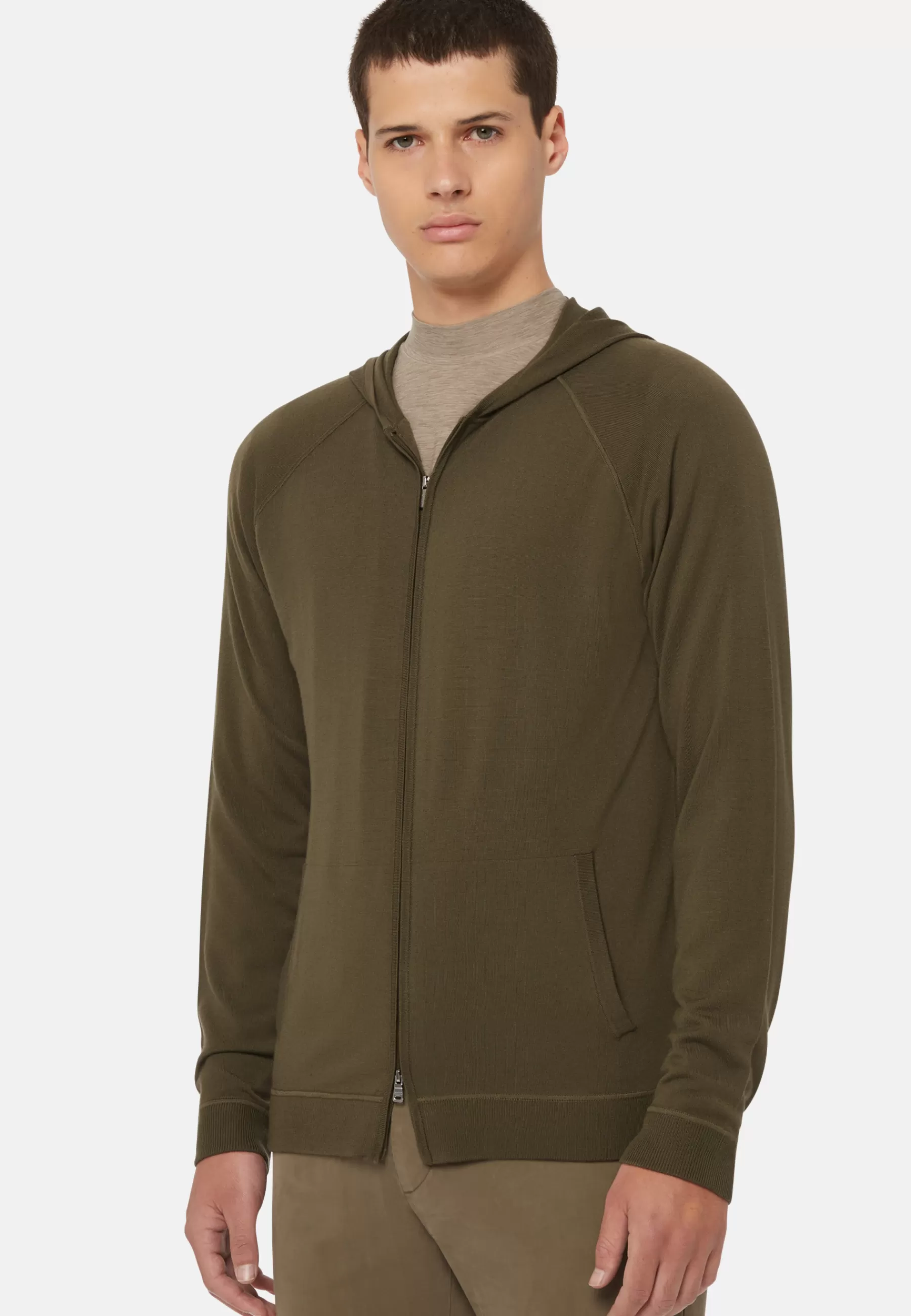 Knitwear^Boggi Milano Full Zip Hooded Jumper in Superfine Merino Wool Military Green