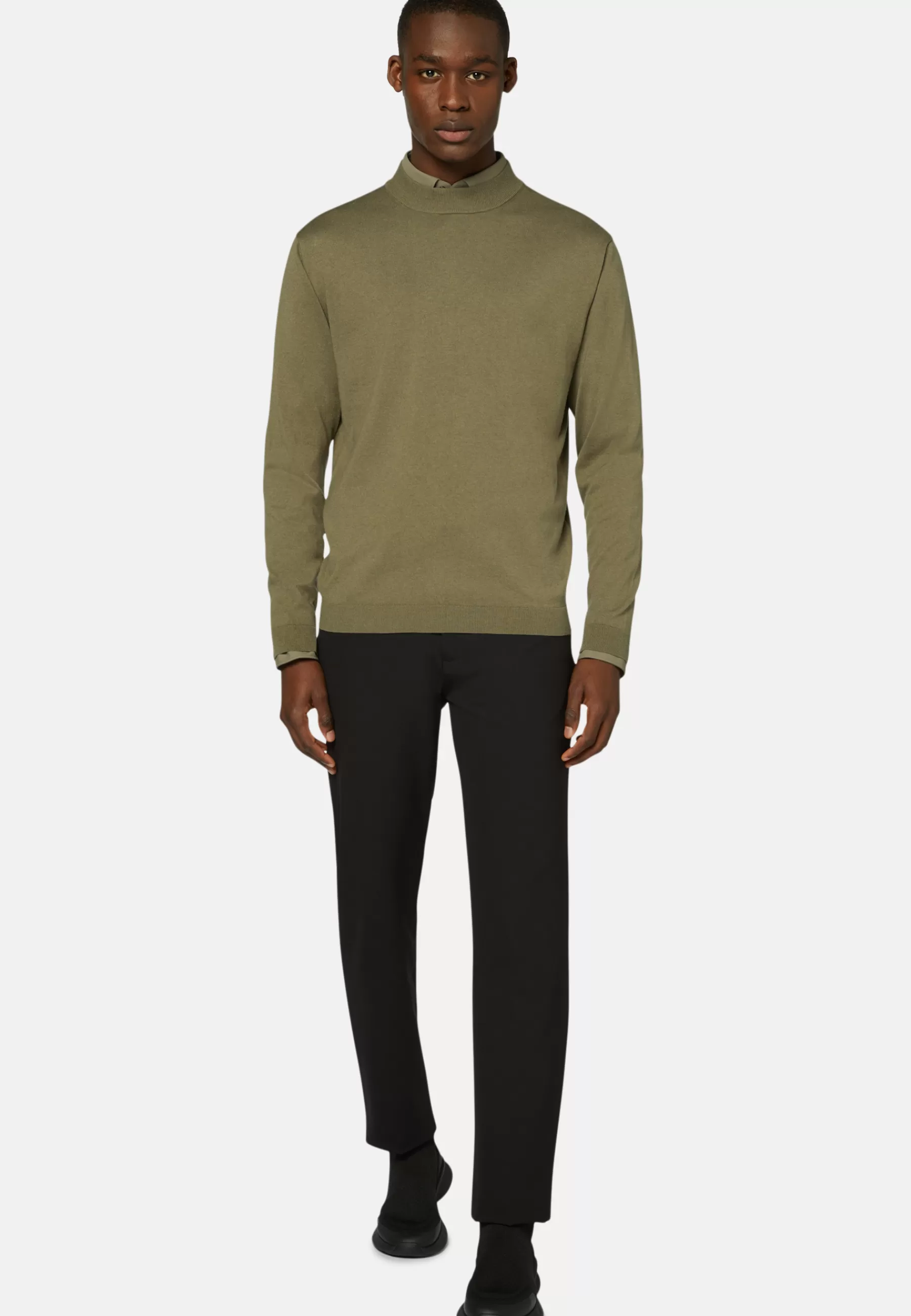 Knitwear^Boggi Milano Mock Turtleneck Jumper in Silk and Cotton Military Green