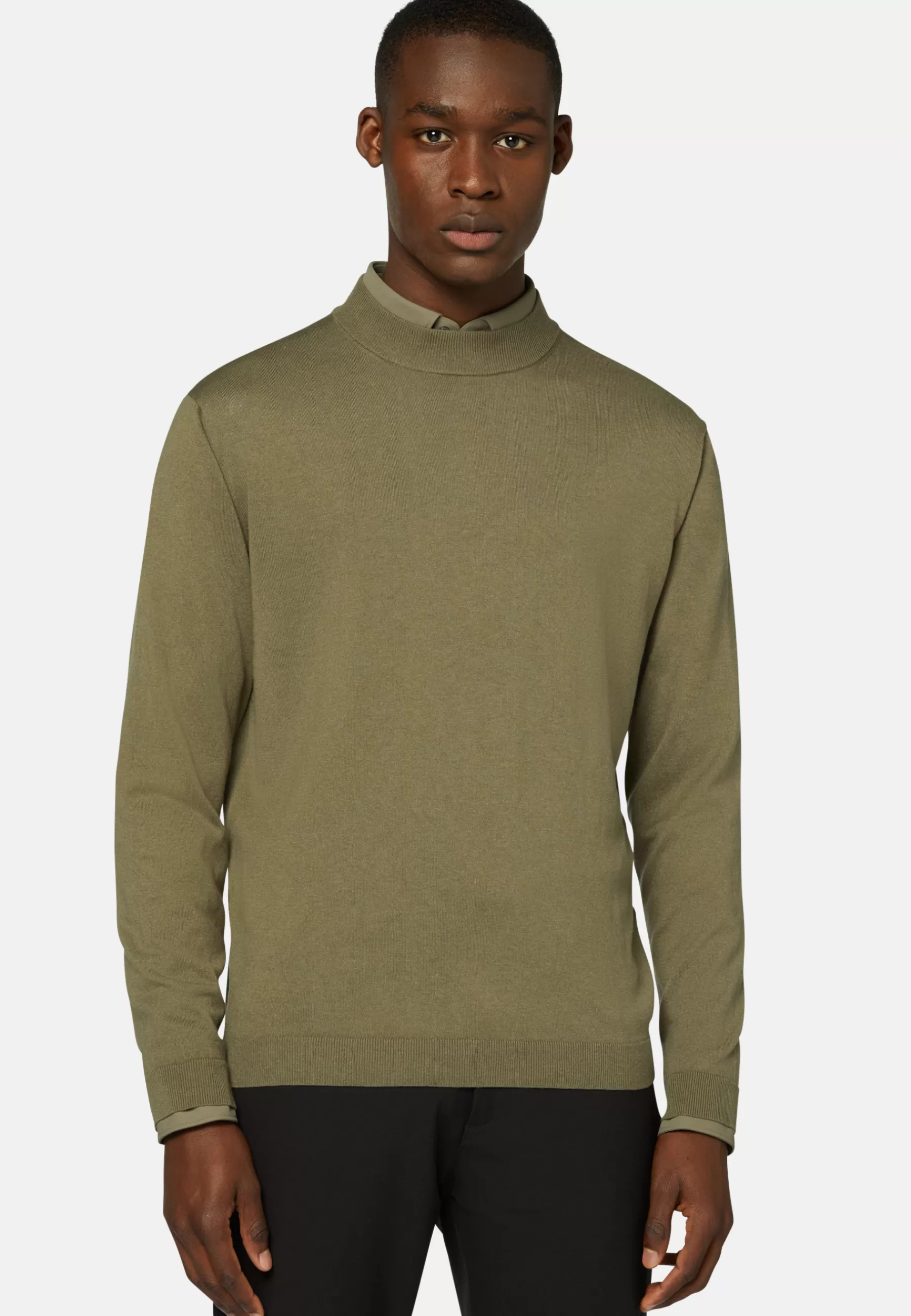 Knitwear^Boggi Milano Mock Turtleneck Jumper in Silk and Cotton Military Green