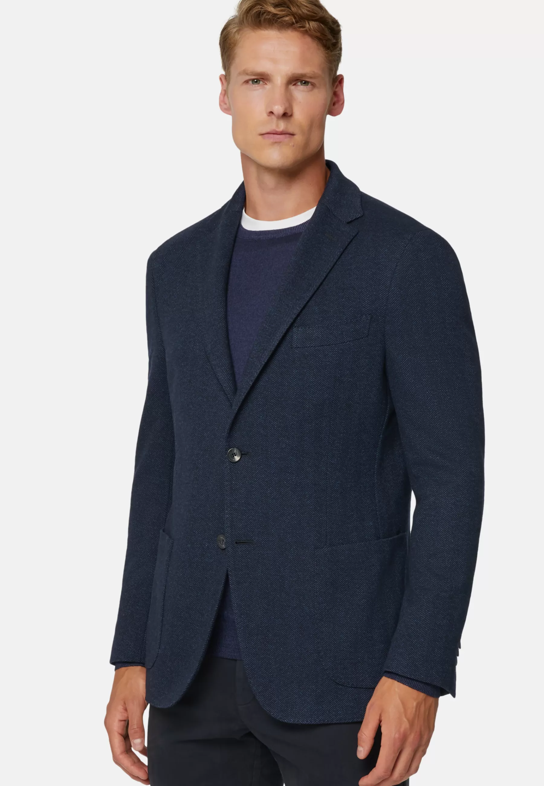 Blazers^Boggi Milano Herringbone Jacket In Wool And Cotton Navy blue