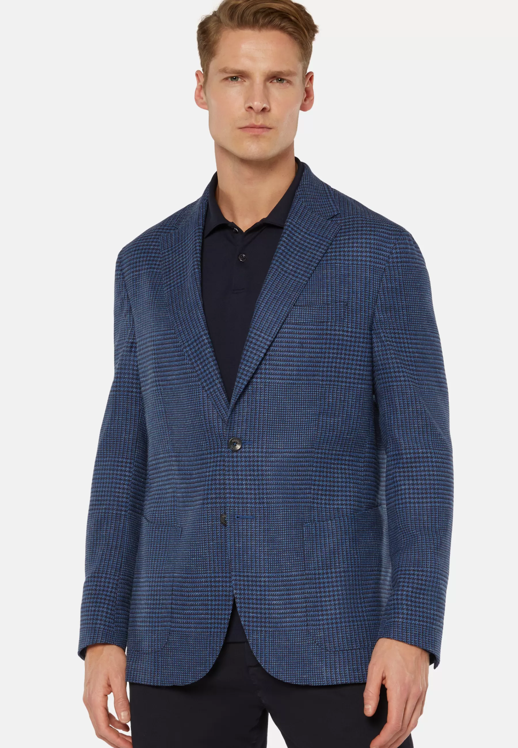 Blazers^Boggi Milano Navy Prince of Wales Check Wool Linen Jacket Blue