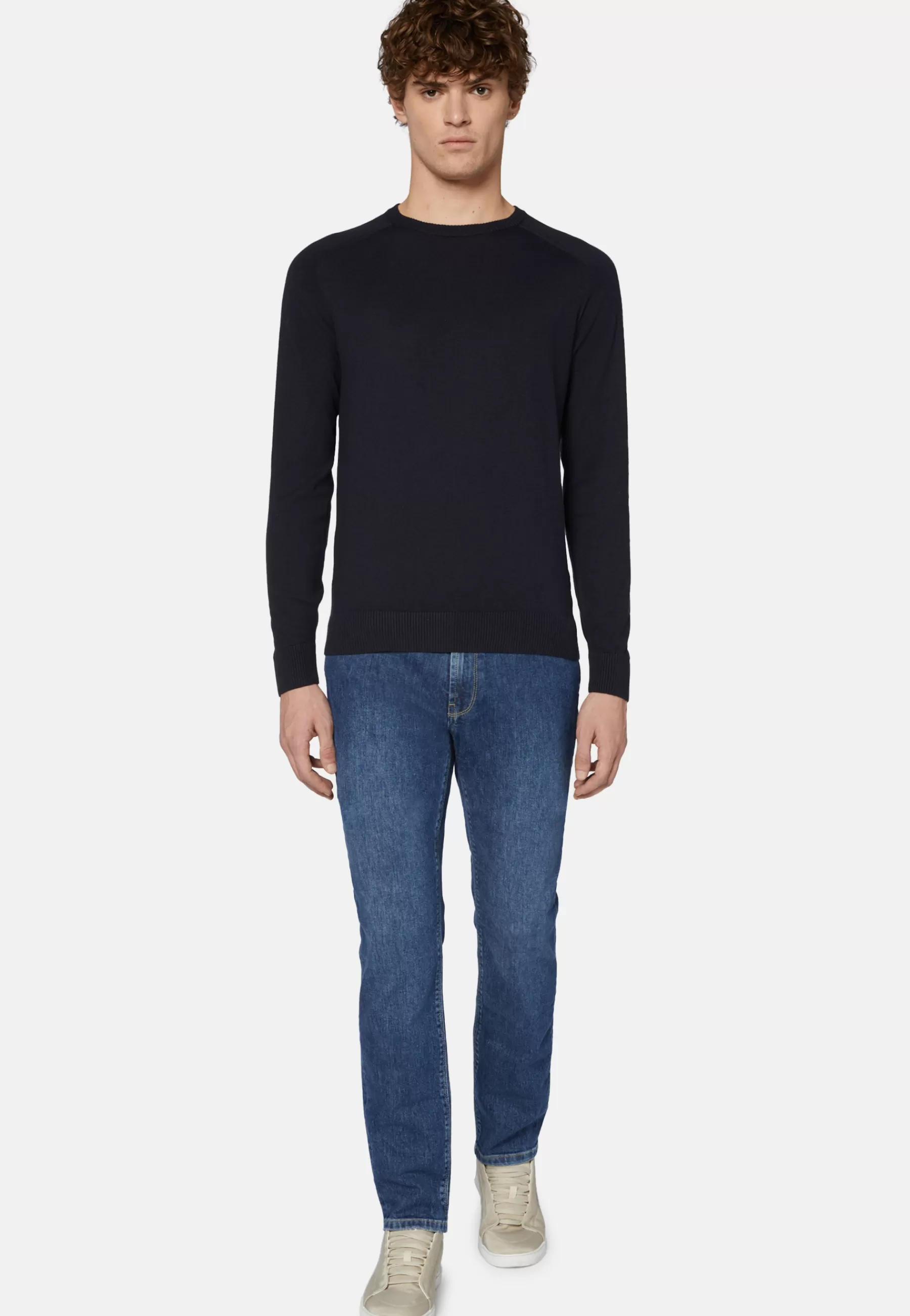 Knitwear^Boggi Milano Navy Crew Neck Jumper in Cotton, Silk and Cashmere Navy blue