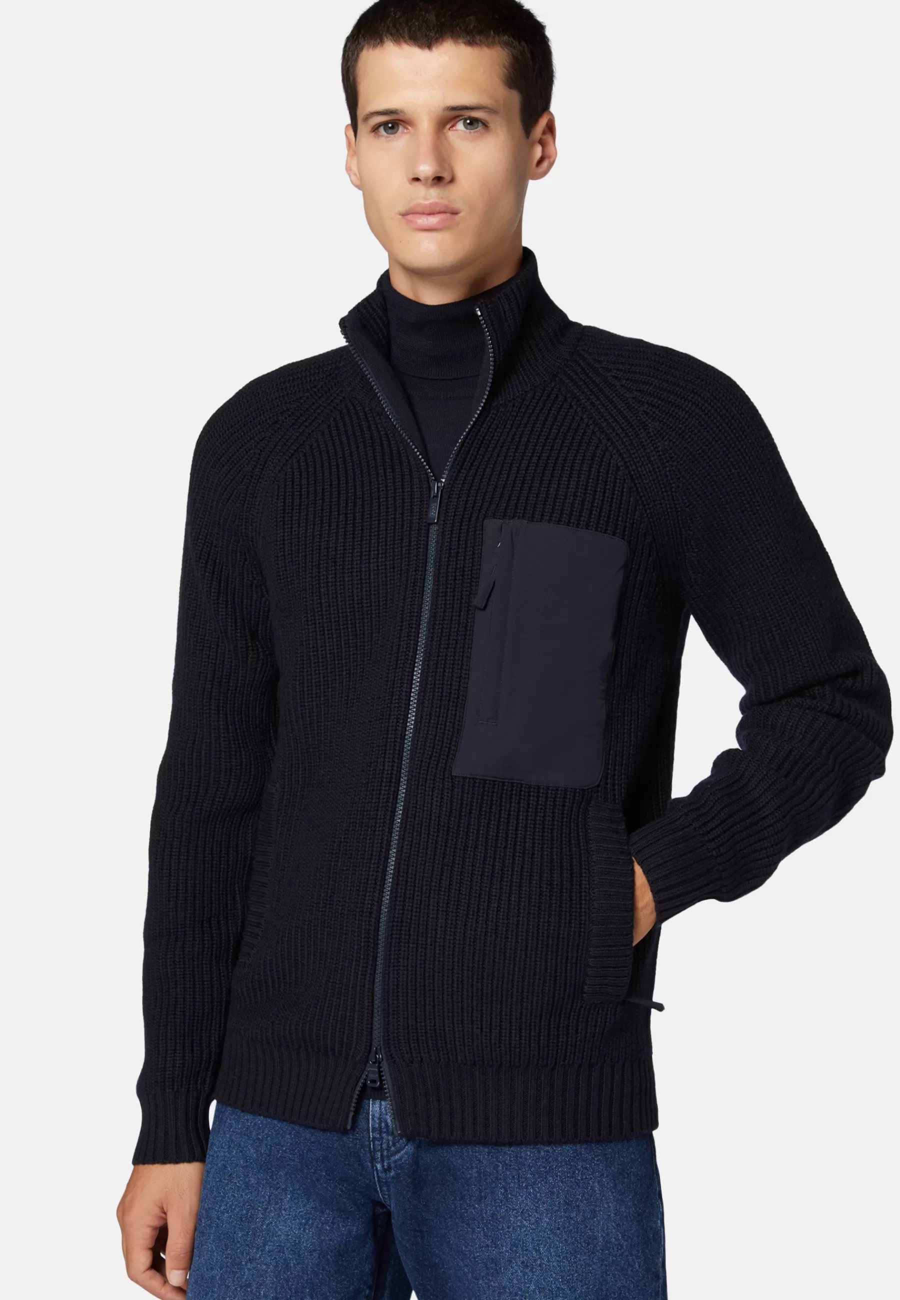 Knitwear^Boggi Milano Navy Full-Zip Jumper With Pocket in Merino Wool Navy blue