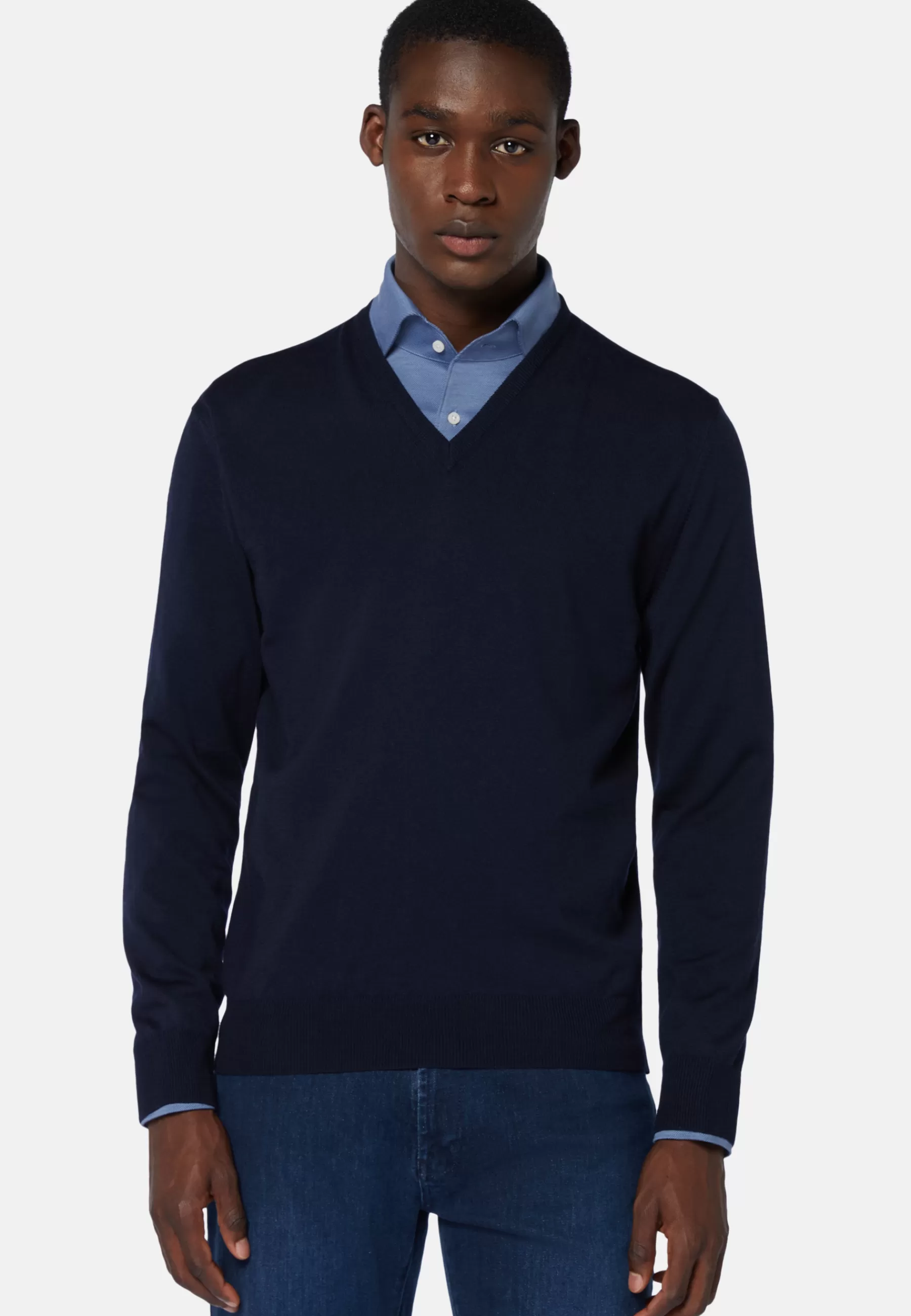 Knitwear^Boggi Milano Navy Merino Wool V-Neck Jumper Navy blue