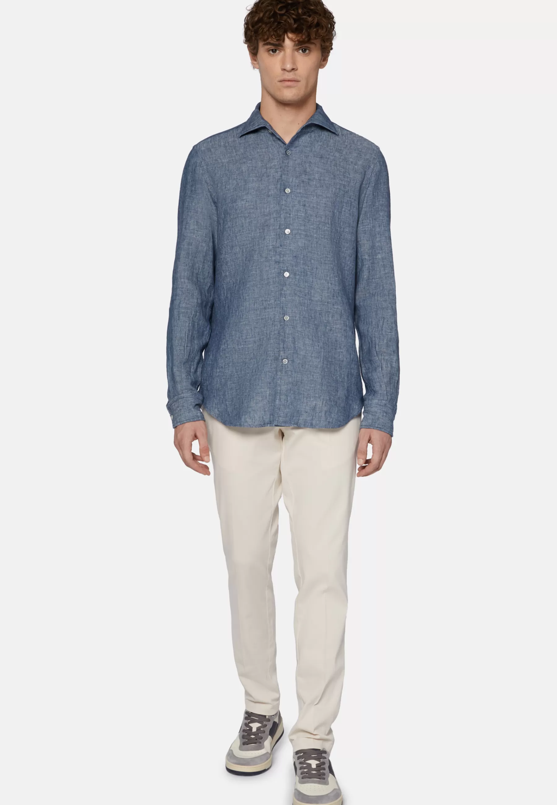 Casual Shirts^Boggi Milano Regular Fit Cotton and Linen Denim Shirt Medium Blue