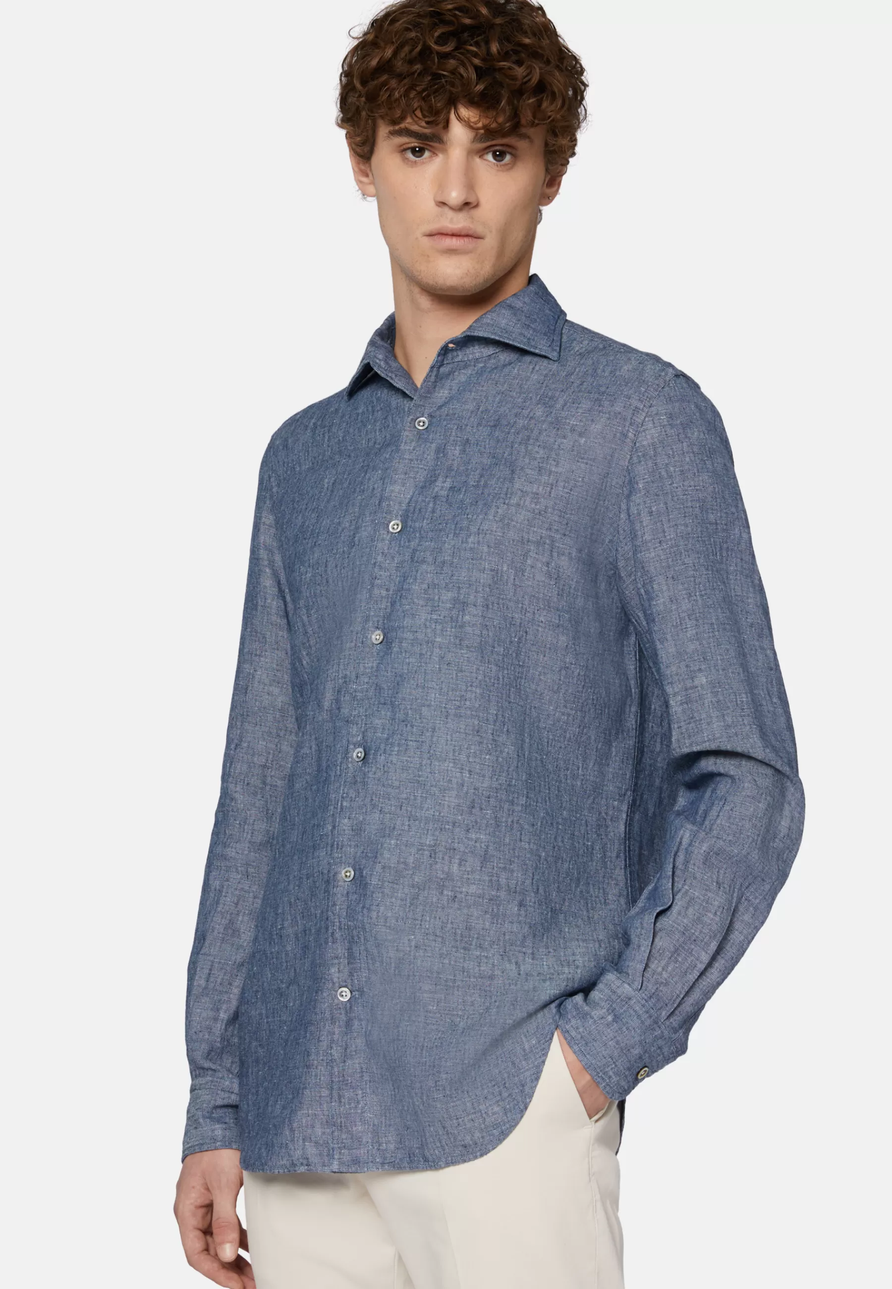 Casual Shirts^Boggi Milano Regular Fit Cotton and Linen Denim Shirt Medium Blue