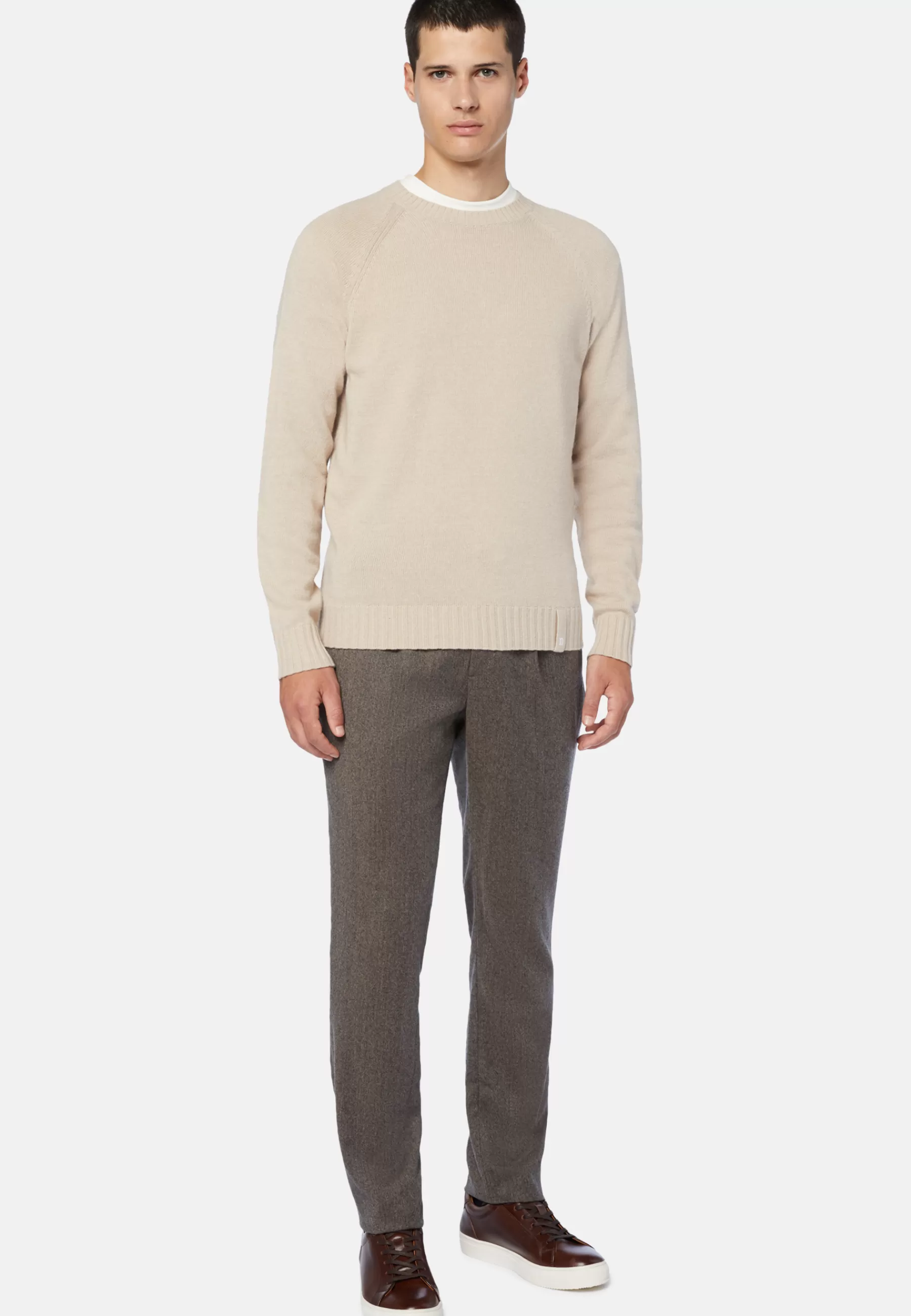 Knitwear^Boggi Milano Crew Neck Jumper in a Cashmere Blend Sand