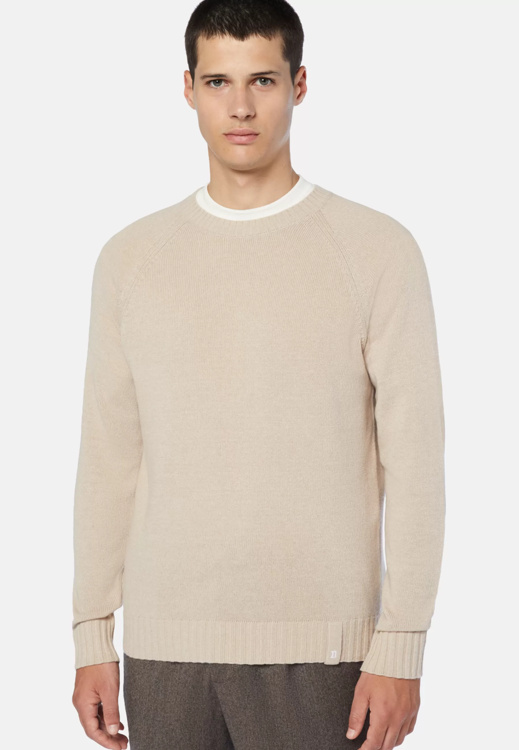 Knitwear^Boggi Milano Crew Neck Jumper in a Cashmere Blend Sand