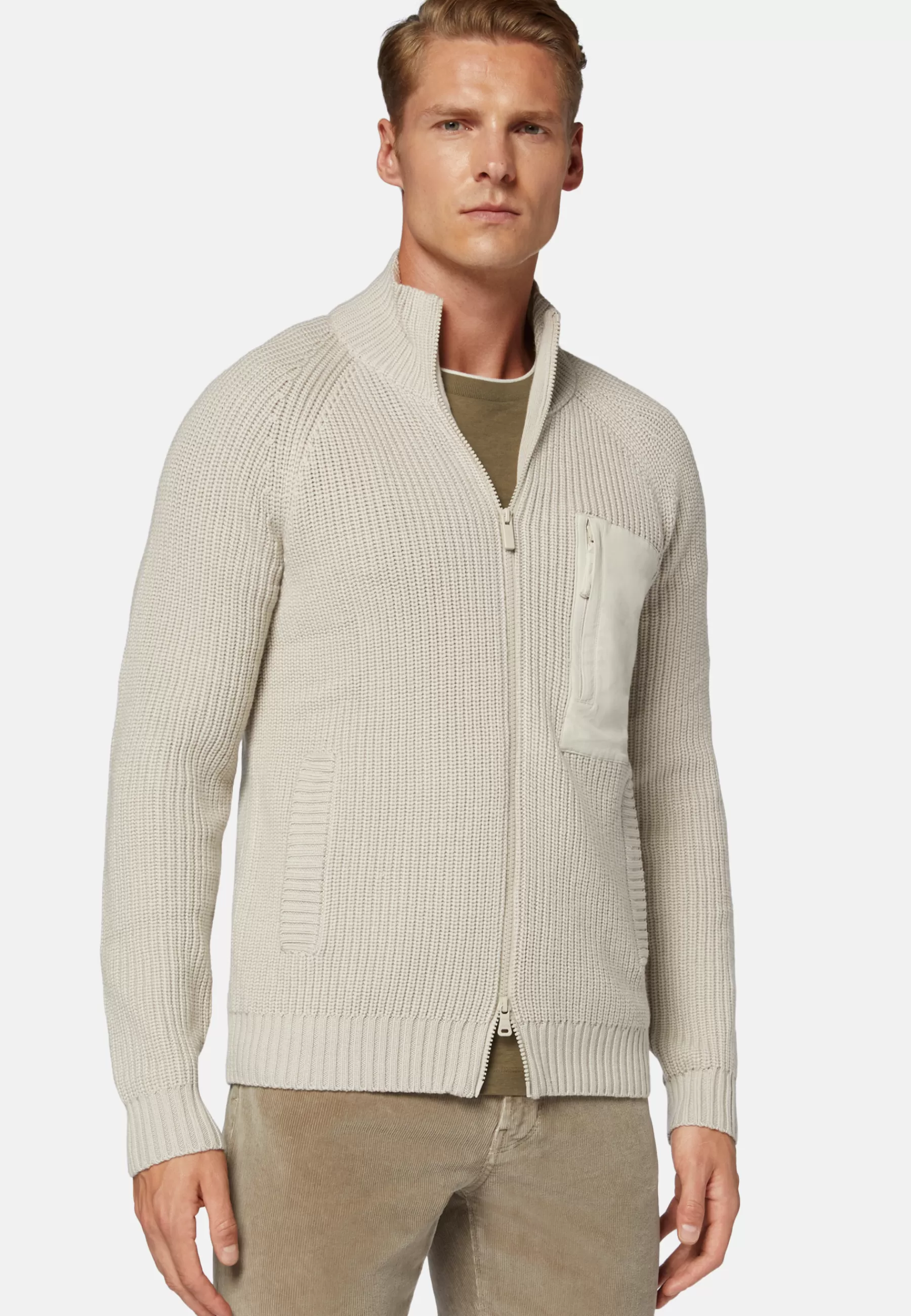 Knitwear^Boggi Milano Full-Zip Jumper With Pocket in Merino Wool Sand