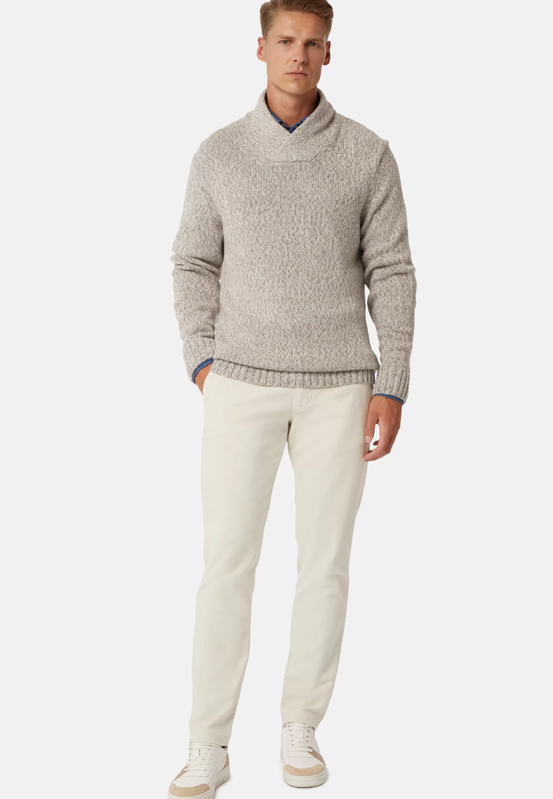 Knitwear^Boggi Milano Shawl Neck Jumper in a Cashmere Blend Sand