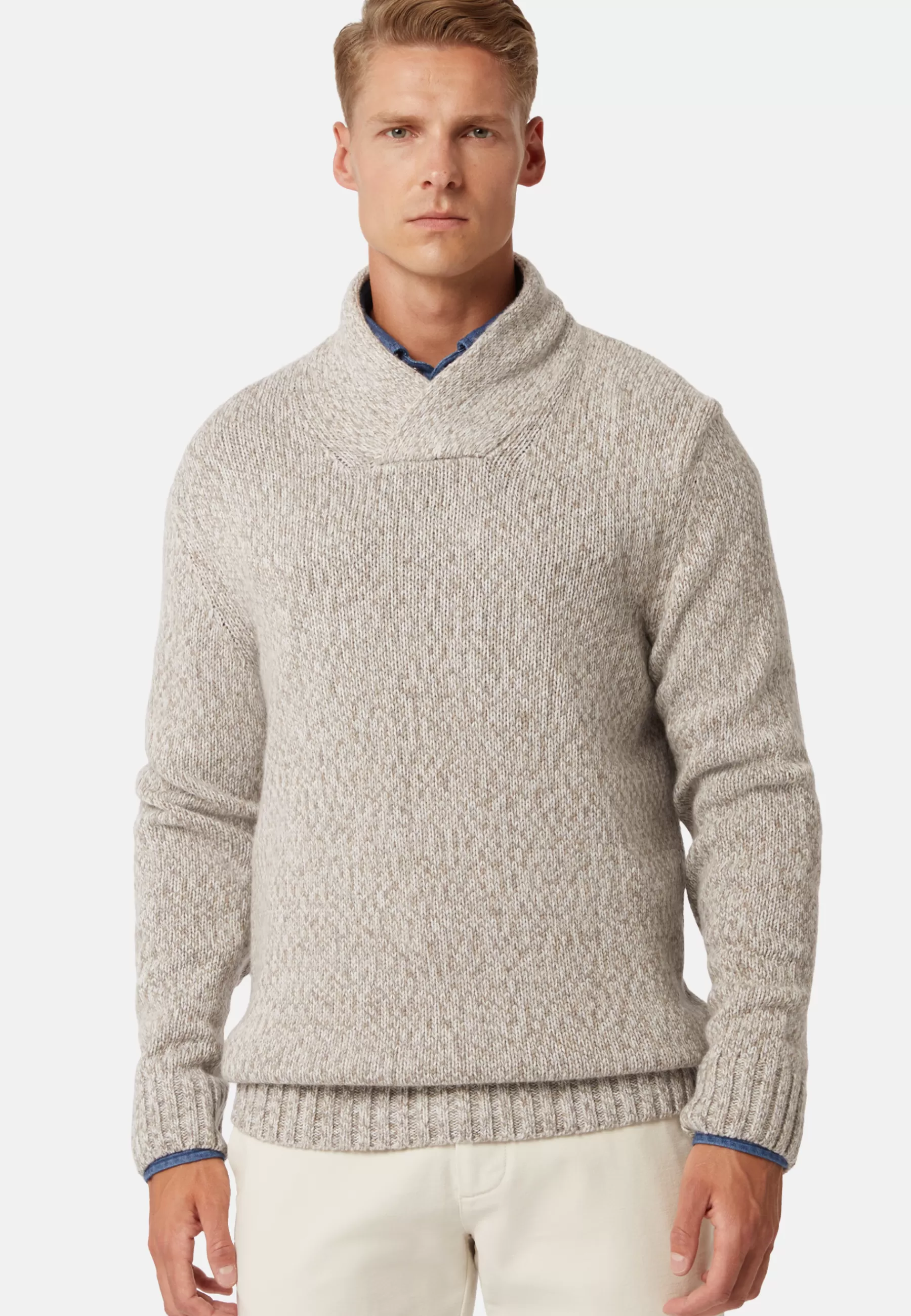 Knitwear^Boggi Milano Shawl Neck Jumper in a Cashmere Blend Sand