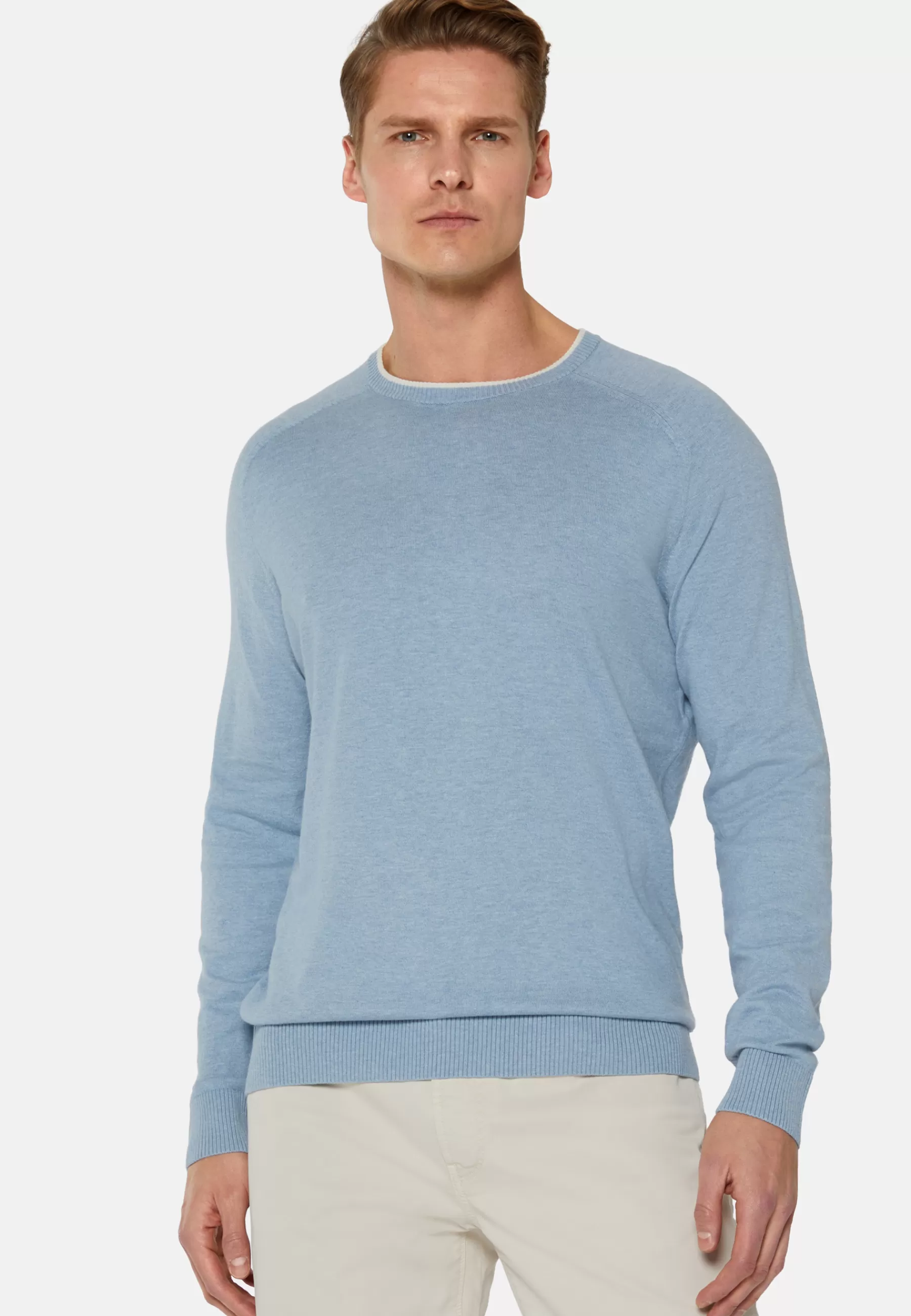 Knitwear^Boggi Milano Sky Blue Crew Neck Jumper in Cotton, Silk and Cashmere Light Blue