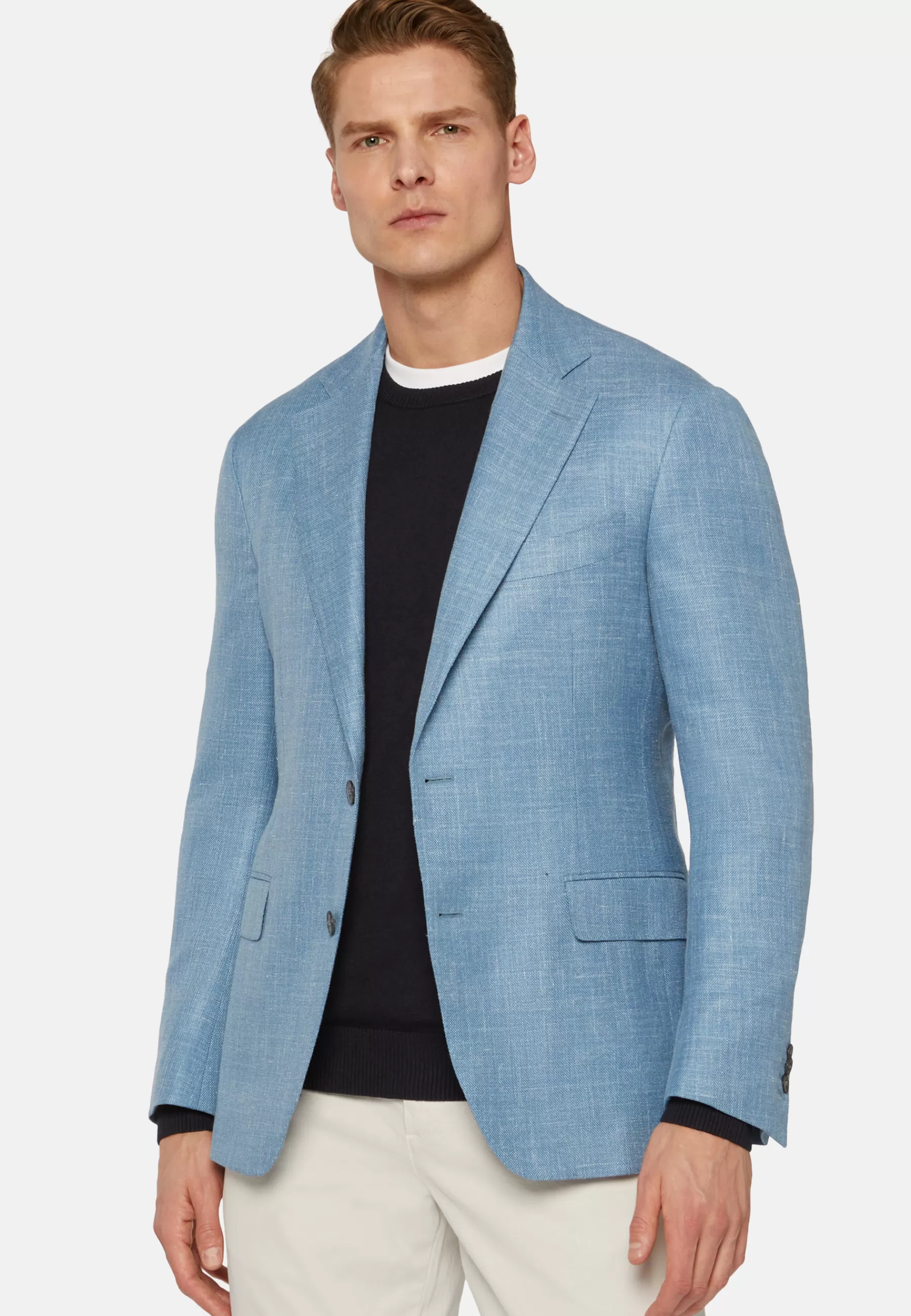 Blazers^Boggi Milano Sky Blue Jacket In Wool, Silk And Linen Light Blue