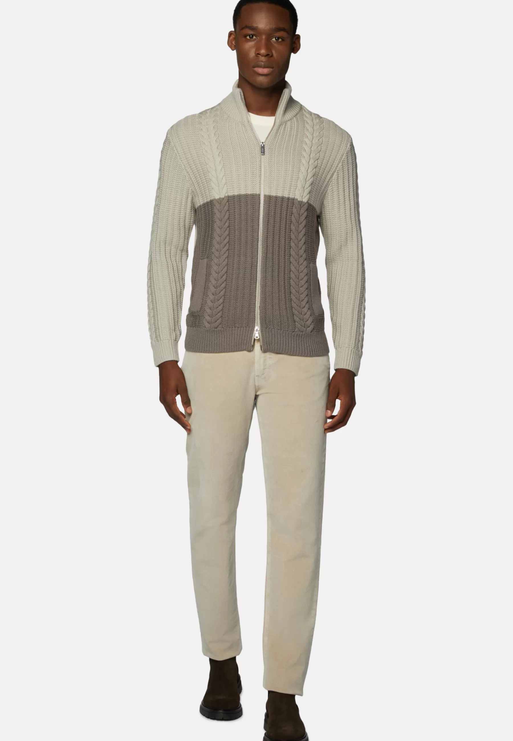 Knitwear^Boggi Milano Two-Tone And Dove Grey Full–Zip Jumper in Merino Wool Sand