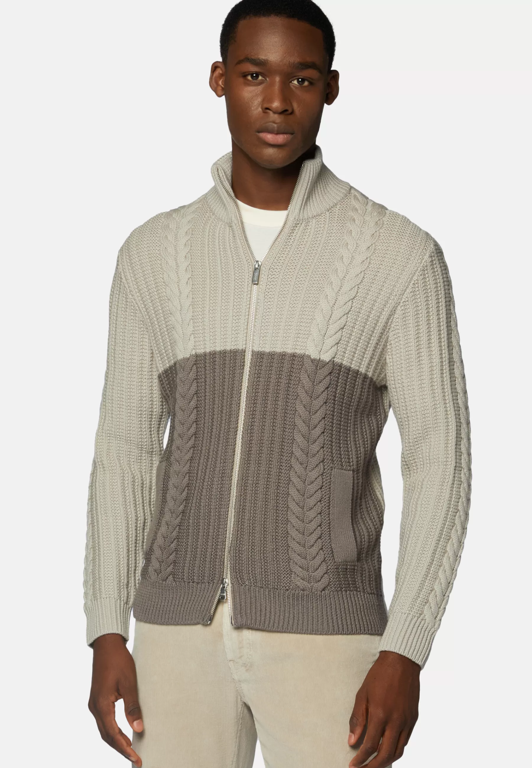 Knitwear^Boggi Milano Two-Tone And Dove Grey Full–Zip Jumper in Merino Wool Sand